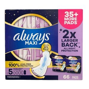 Always Maxi Extra Heavy Overnight Pads with Wings, Size 5, 66 Count